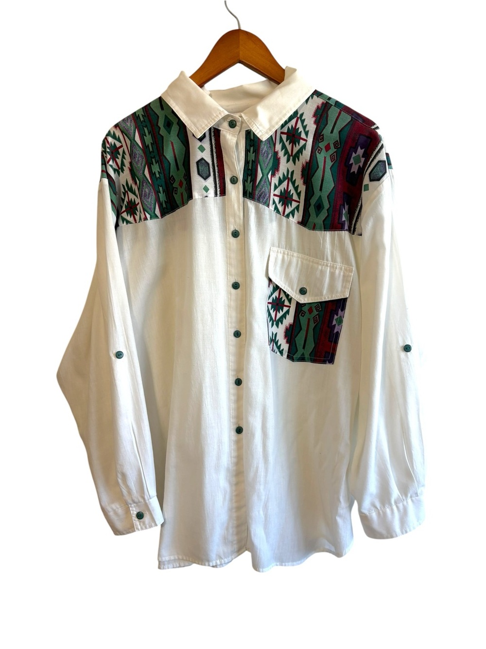Vintage Northwest Blue White Teal Aztec Southwestern Button Up Shirt Cowboy